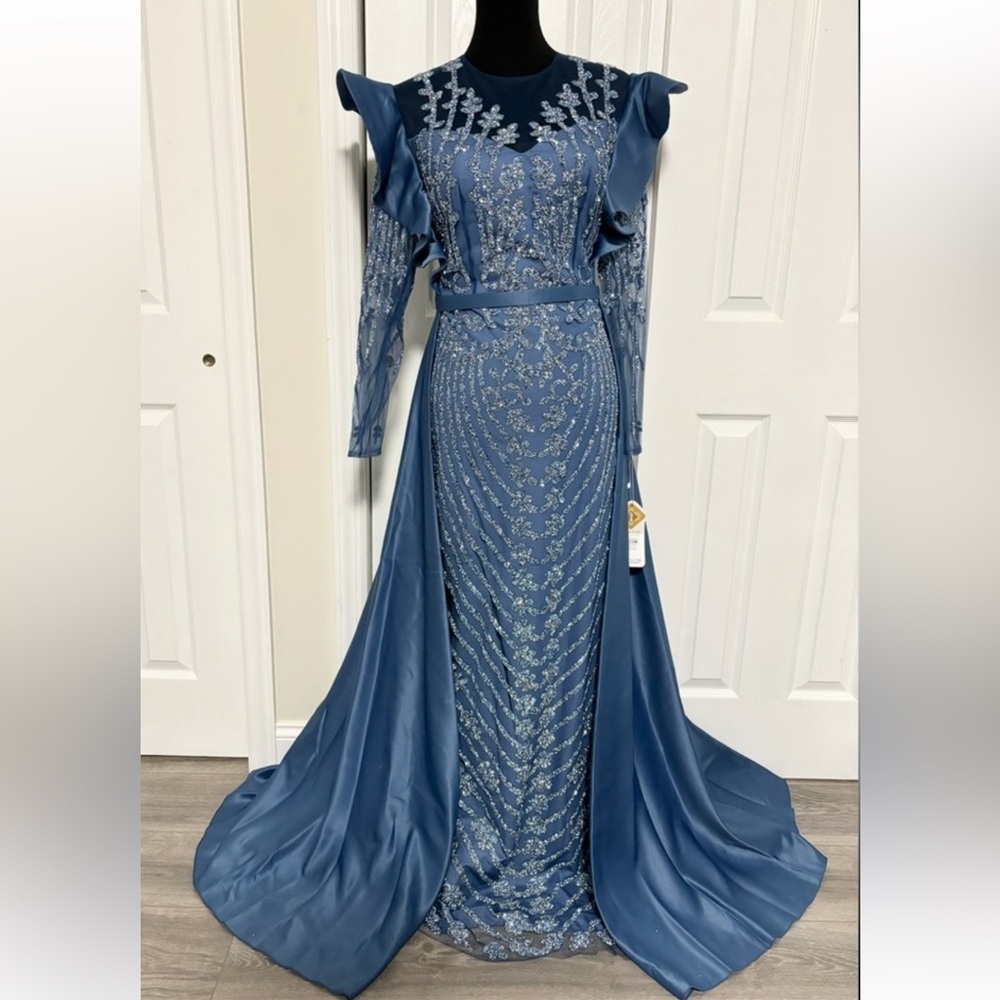 Elegant Blue Embellished Maxi Dress with Ruffle Shoulders